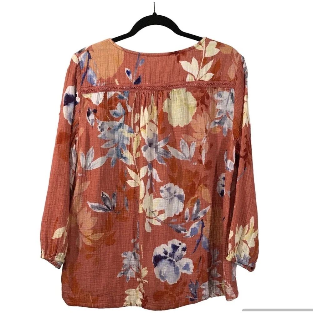 Soft Surrounding Women's Floral Peasant Top Size PL Orange 3/4 Sleeve Tassel